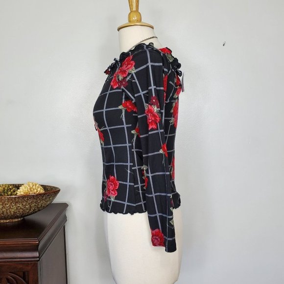 Ultra Flirt Black Gray Red Green Floral Grid Soft Off/On Shoulder Top L (Jun) - Picture 4 of 11